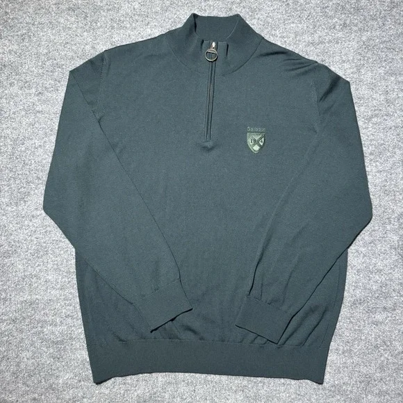 Barbour Quarter Zip Green Wool Sweater Size XL 1804 Crest Long Sleeve Crew Neck - Picture 1 of 12